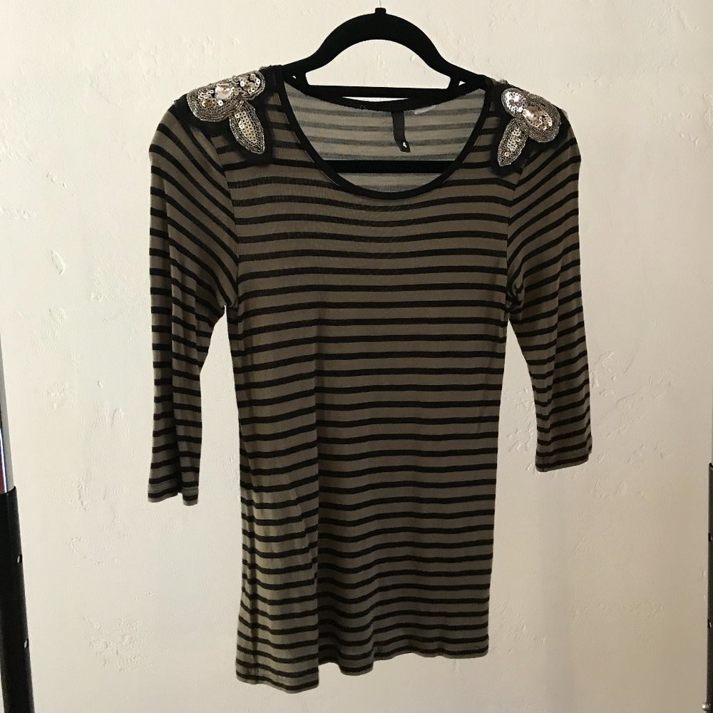 Olive and Black Striped 3/4 Sleeve Shirt with Gems